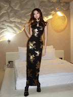 Midnight Gold Floral Mandarin Collar Qipao Maxi Dress