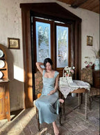 Blue Satin Embellished Square Neck Party Maxi Dress