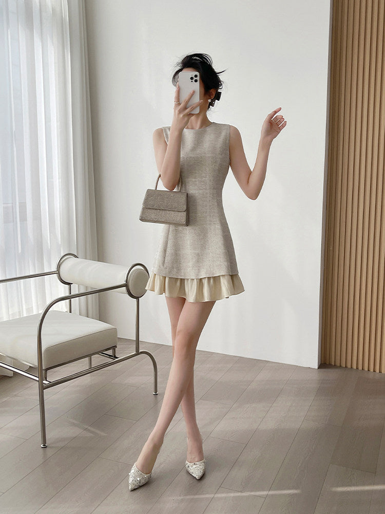 Linen Blend Ruffle Hem Mini Dress