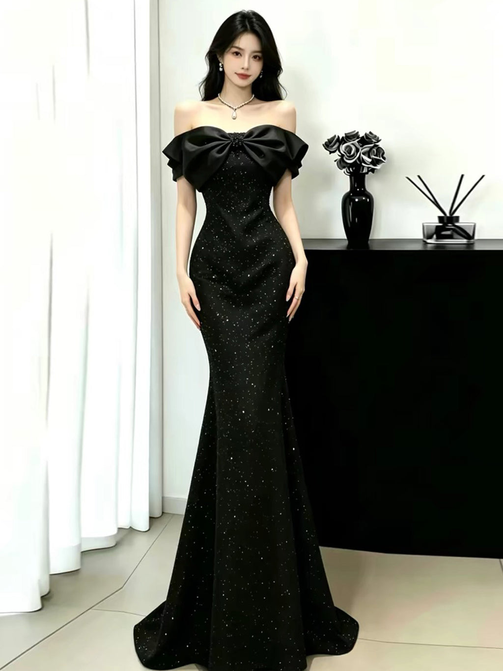 Off-Shoulder Bow Sequin Mermaid Evening Dress