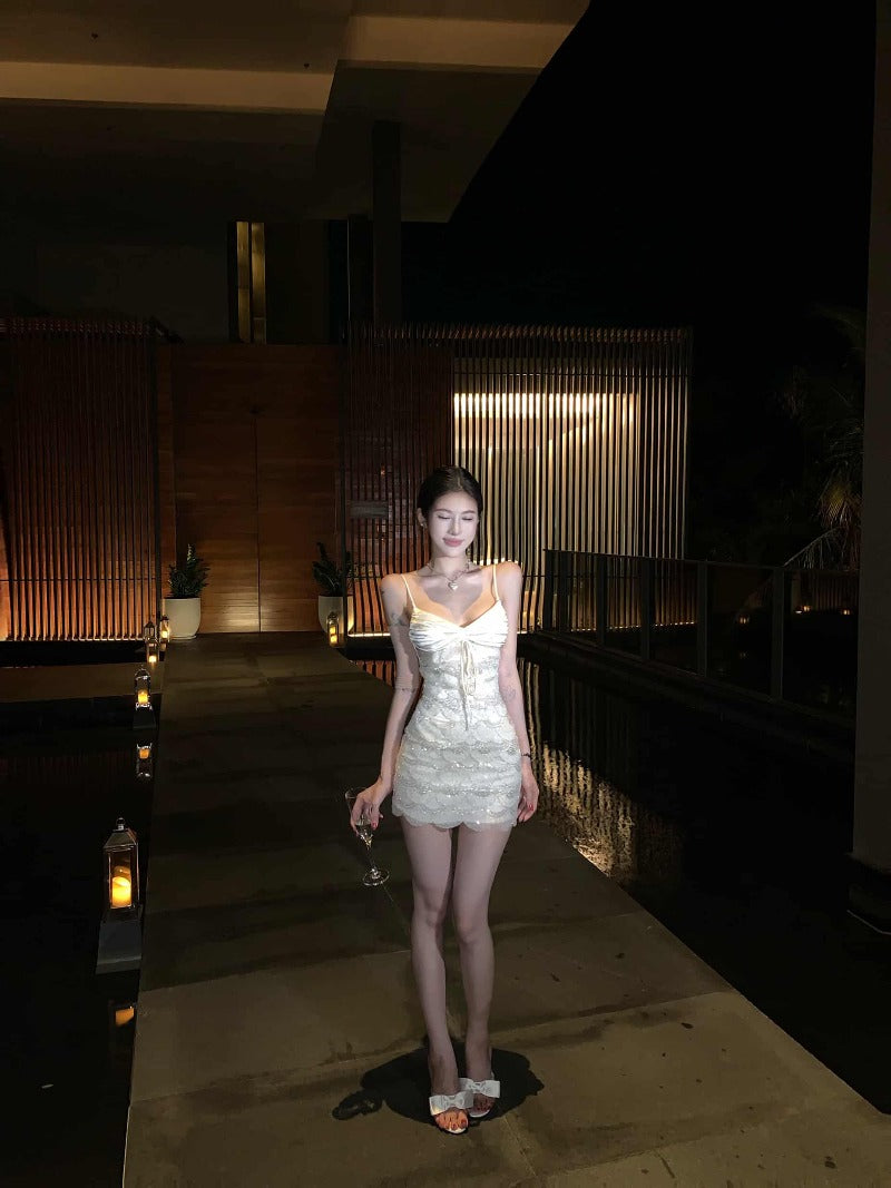 White Sultry Satin Sequin Bodycon Mini Dress