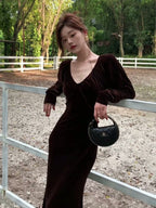 Coffee Velvet Ruched V Neck Long Sleeve Bodycon Maxi Dress