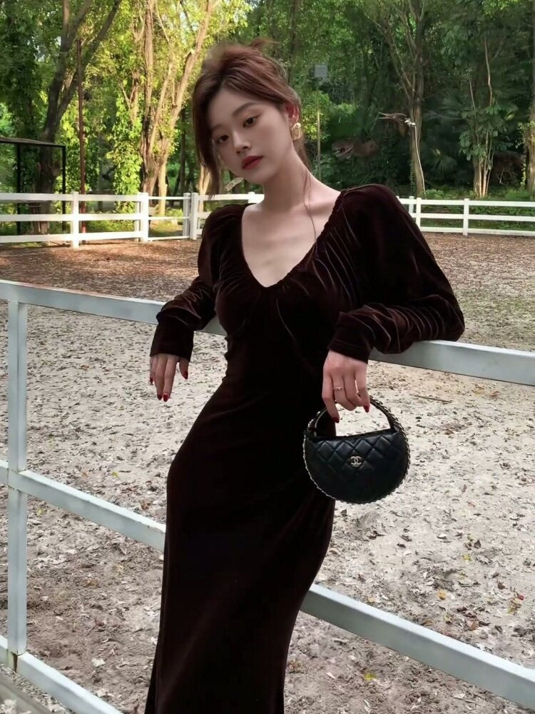 Coffee Velvet Ruched V Neck Long Sleeve Bodycon Maxi Dress