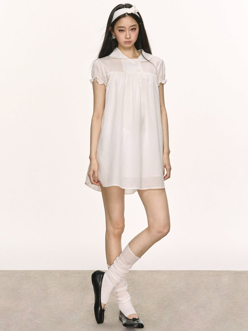 Lyocell Linen Puff Sleeve Collared Babydoll Mini Dress