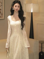 Ivory Romance Square Neck Lace Fit-and-Flare Maxi Dress