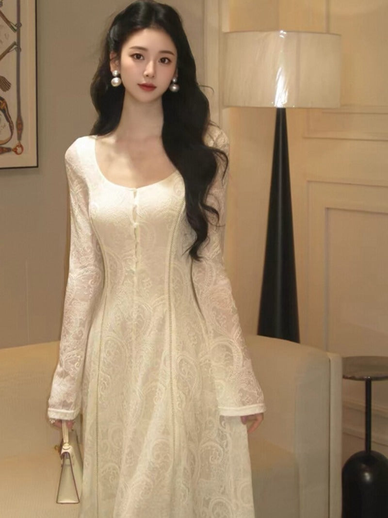 Ivory Romance Square Neck Lace Fit-and-Flare Maxi Dress