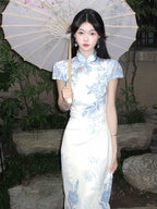 Blue Floral Mandarin Collar Short Sleeve Sheath Maxi Dress