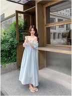 Light Blue Tassel Trim Off-Shoulder Maxi Dress
