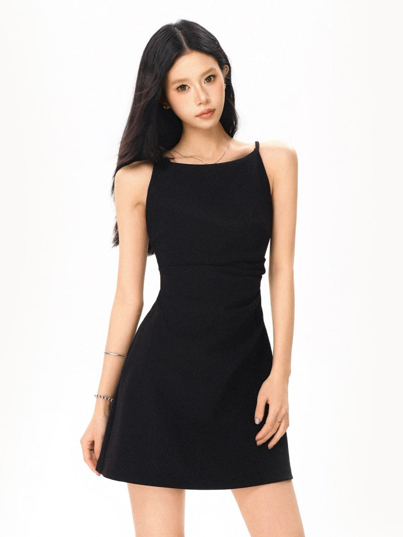 Black Straight Neck Sleeveless A-Line Mini Dress