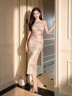 Beige Floral Off Shoulder Ruched Bodycon Midi Dress