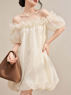 Ivory Off Shoulder Organza Ruffle Shift Mini Dress