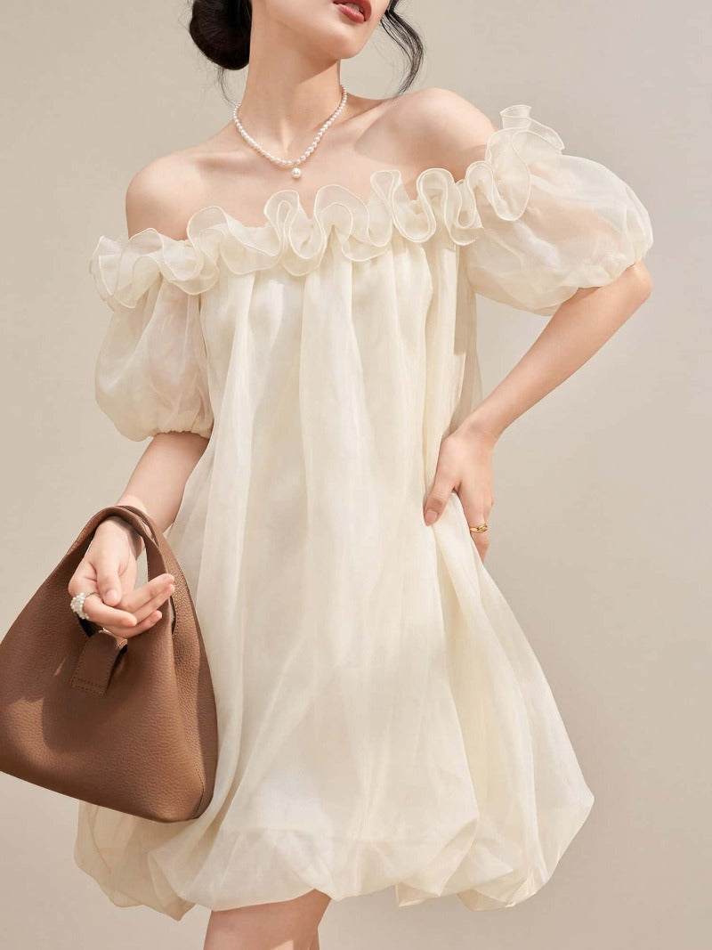 Ivory Off Shoulder Organza Ruffle Shift Mini Dress