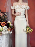 Off Shoulder Rose Appliqué Slit Maxi Dress
