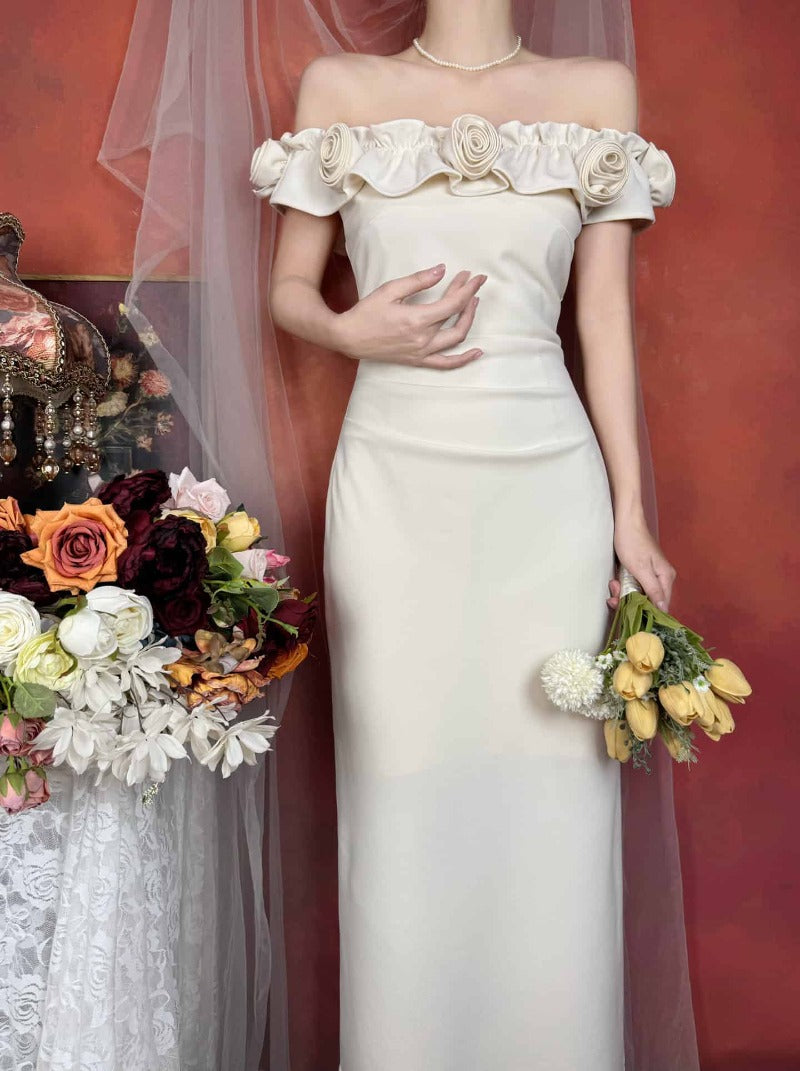 Off Shoulder Rose Appliqué Slit Maxi Dress