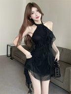 Flirty Black Ruffle Halter High-Low Mini Dress
