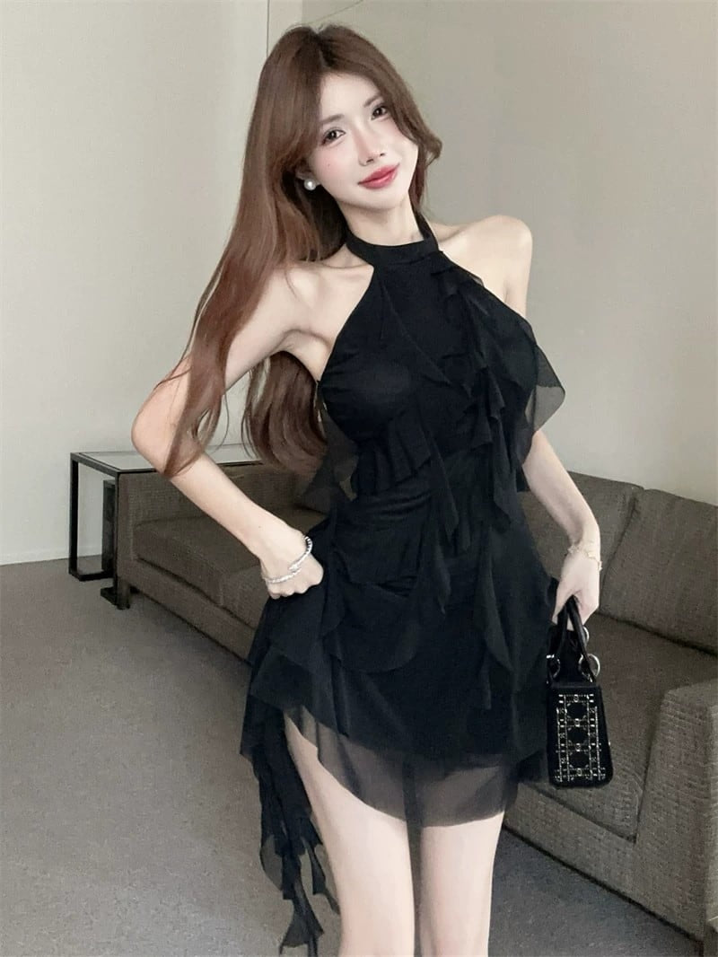 Flirty Black Ruffle Halter High-Low Mini Dress