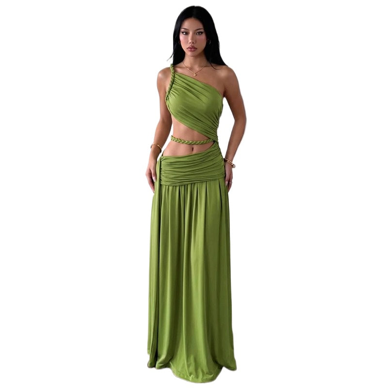 Sultry Ruched One Shoulder Cutout Maxi Dress