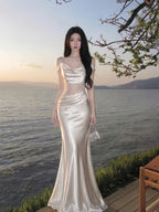 Ivory Cowl Neck Cutout Satin Mermaid Maxi Dress