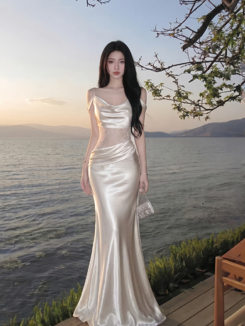 Ivory Cowl Neck Cutout Satin Mermaid Maxi Dress
