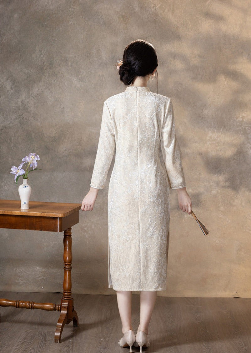 Embossed Velvet Mandarin Collar Sheath Midi Dress Secondary image