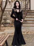 Black Velvet Lace High Neck Mermaid Maxi Dress