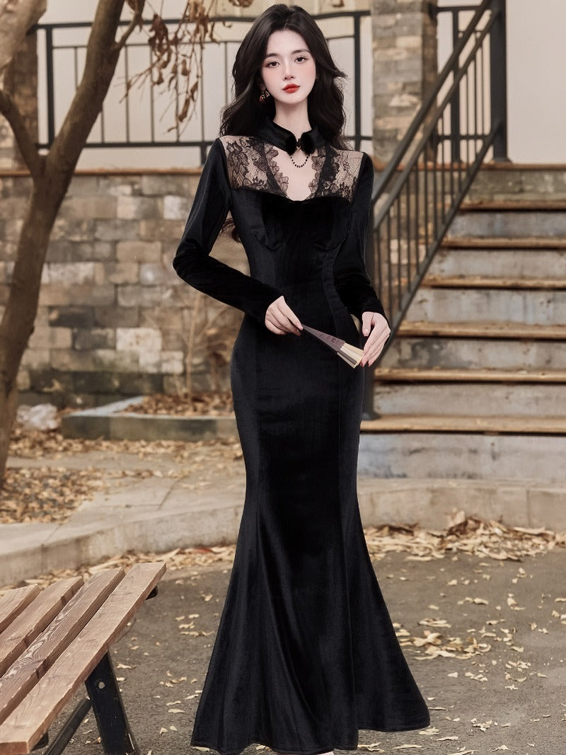 Black Velvet Lace High Neck Mermaid Maxi Dress