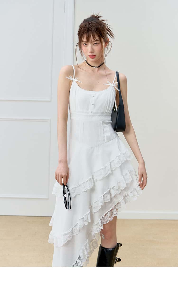 White Lace Trim Asymmetric Tiered Dress And Skirt