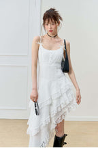 White Lace Trim Asymmetric Tiered Dress And Skirt