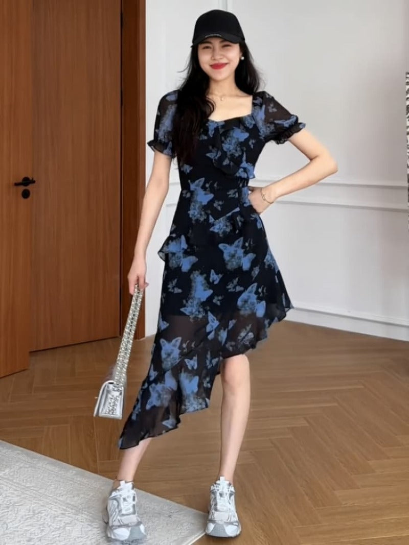 Black Blue Butterfly Square Neck Asymmetric Chiffon Dress