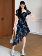 Black Blue Butterfly Square Neck Asymmetric Chiffon Dress