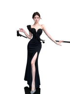 Black One Shoulder Ruffle Slit Bodycon Maxi Dress