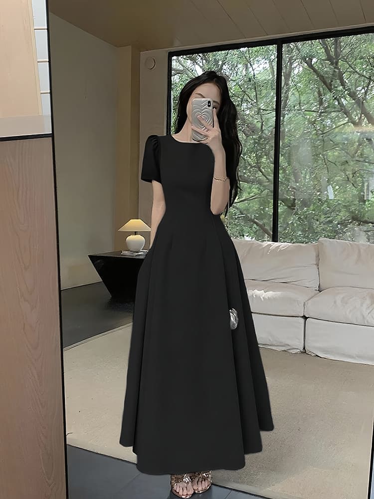 Round Neck Short Sleeve High Waist A-Line Maxi Dress
