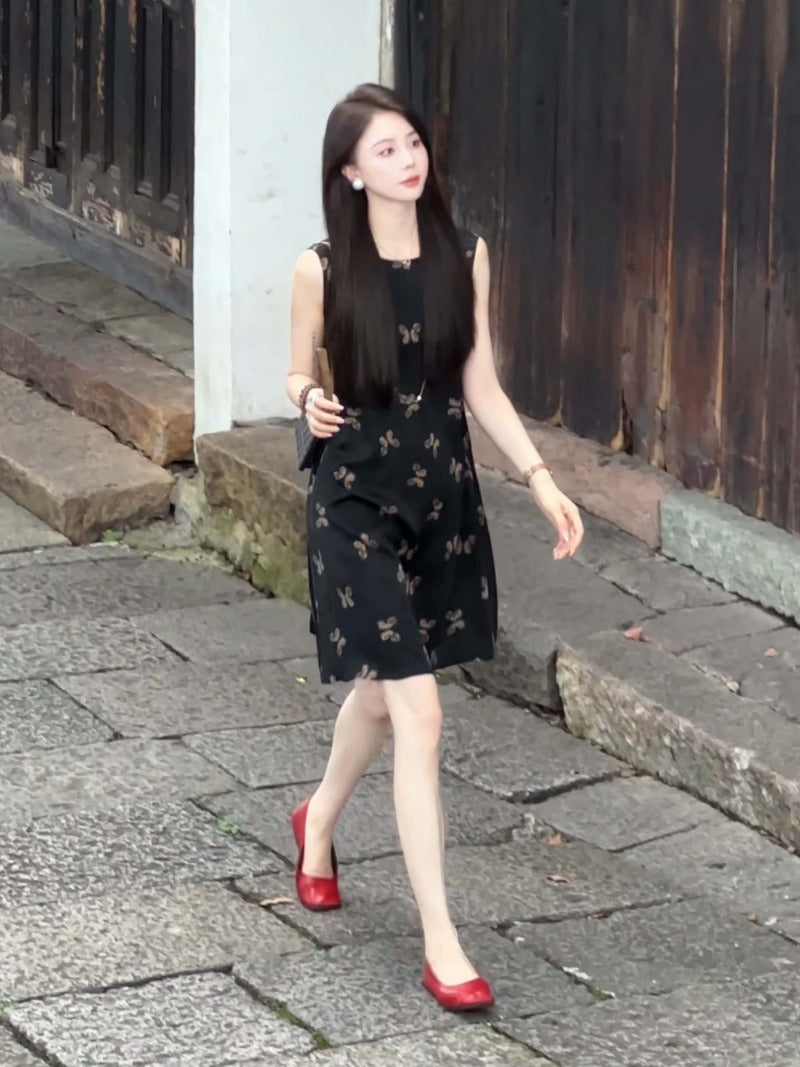 Black Butterfly Print Silk Organza Sleeveless Midi Dress