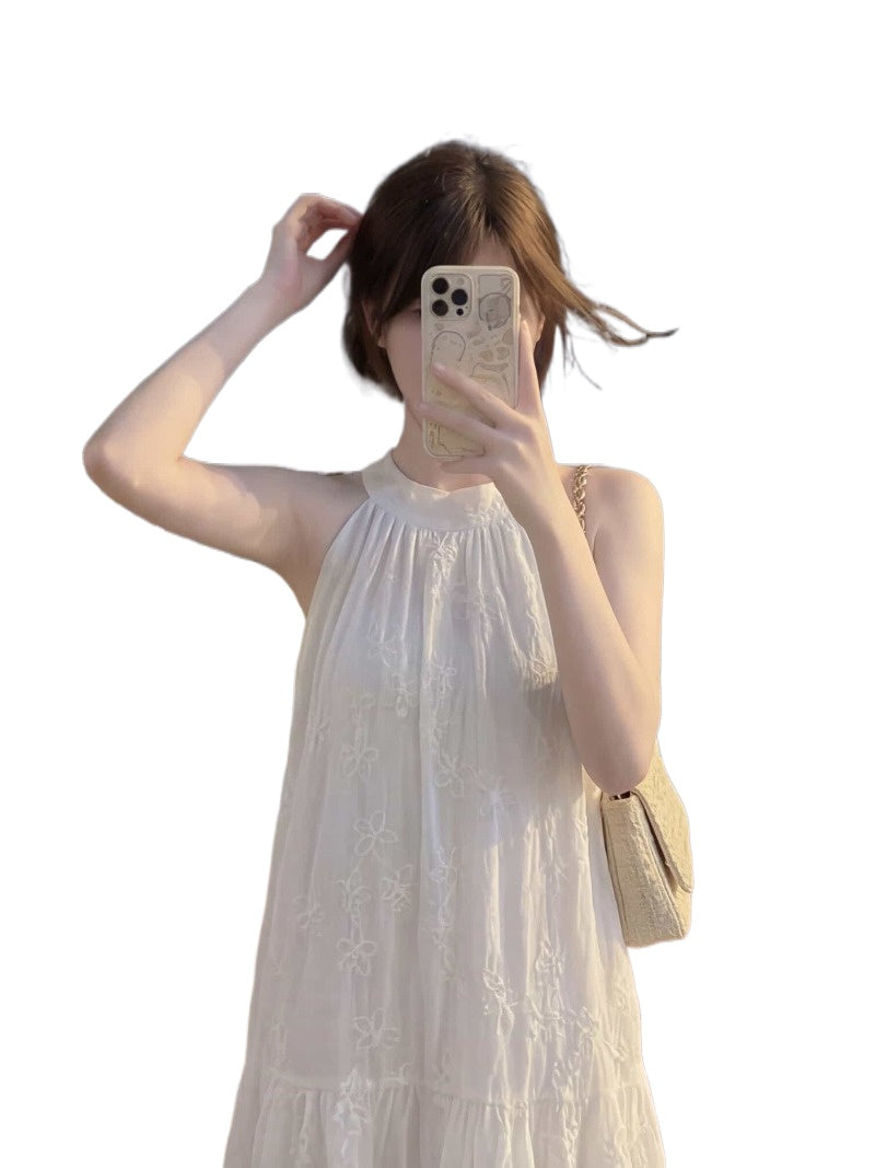 Coastal Ease Ivory Embroidered Halter Tiered Maxi Dress