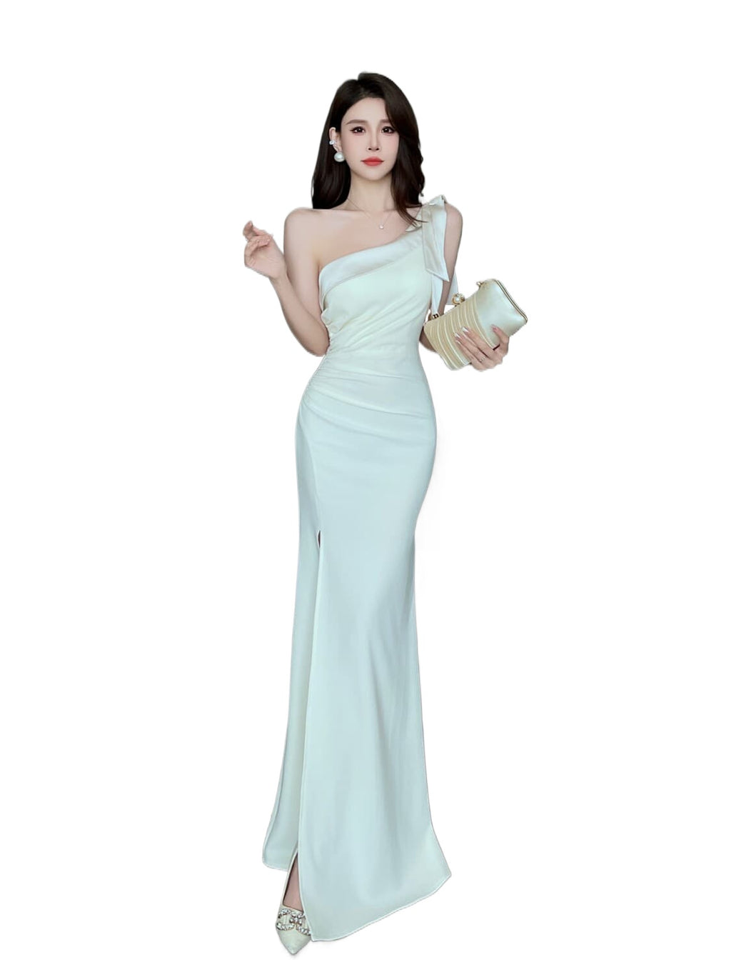 Cream One Shoulder Ruched Mermaid Maxi Dress