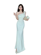 Cream One Shoulder Ruched Mermaid Maxi Dress