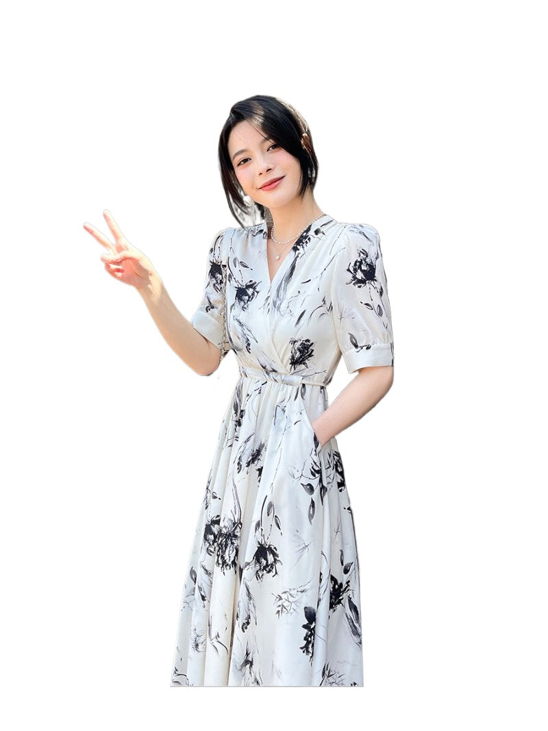 White Floral Print V Neck Belted A-Line Maxi Dress