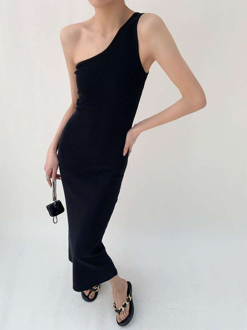 Black Minimalist One Shoulder Asymmetric Sheath Maxi Dress