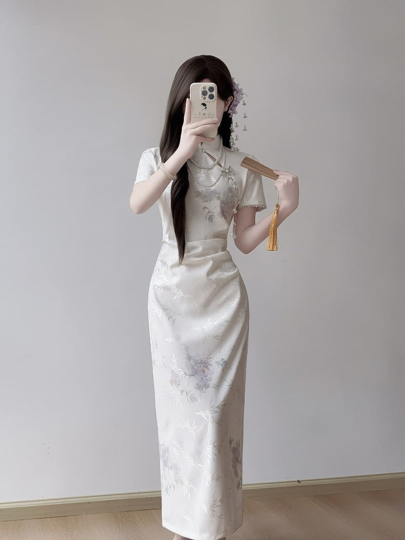 Ivory Floral Jacquard Mandarin Collar Sheath Maxi Dress