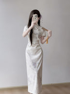 Ivory Floral Jacquard Mandarin Collar Sheath Maxi Dress