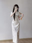 Ivory Floral Jacquard Mandarin Collar Sheath Maxi Dress