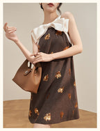 Brown Bow Neck Sequin Embellished Shift Mini Dress
