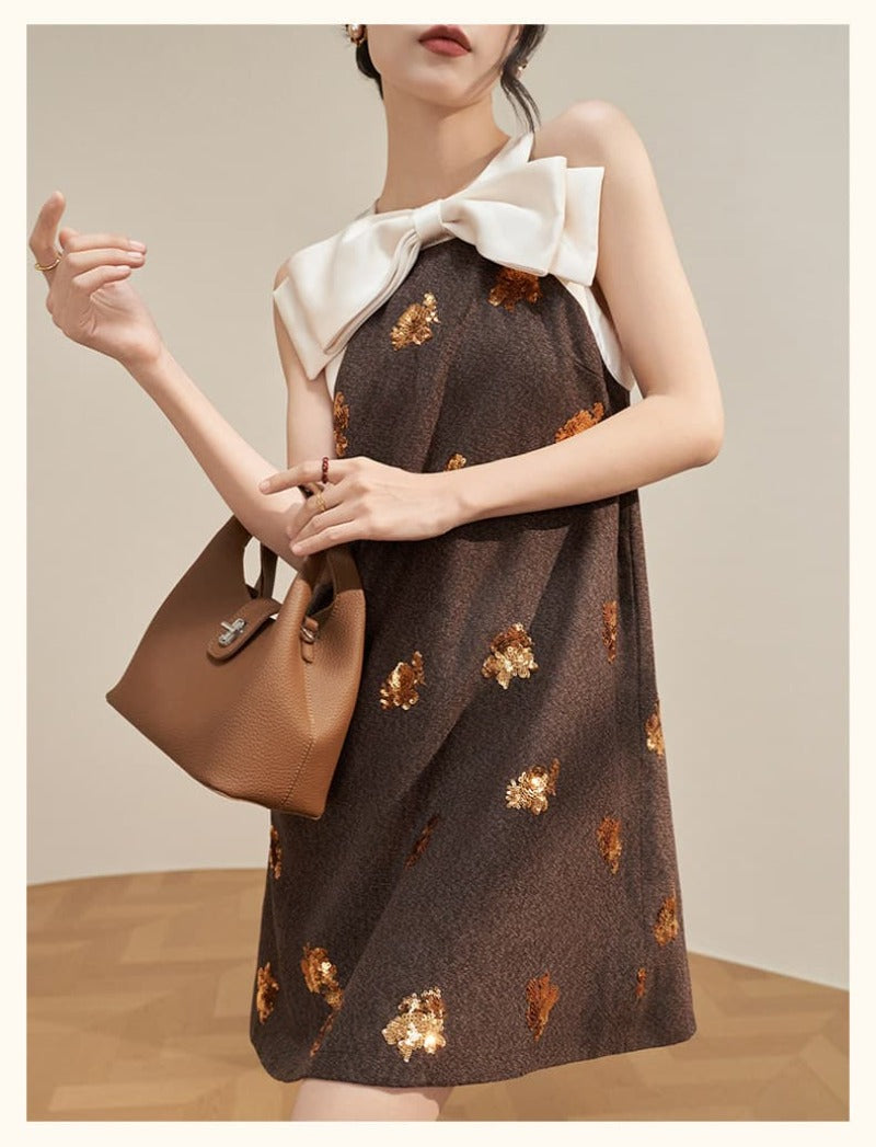 Brown Bow Neck Sequin Embellished Shift Mini Dress