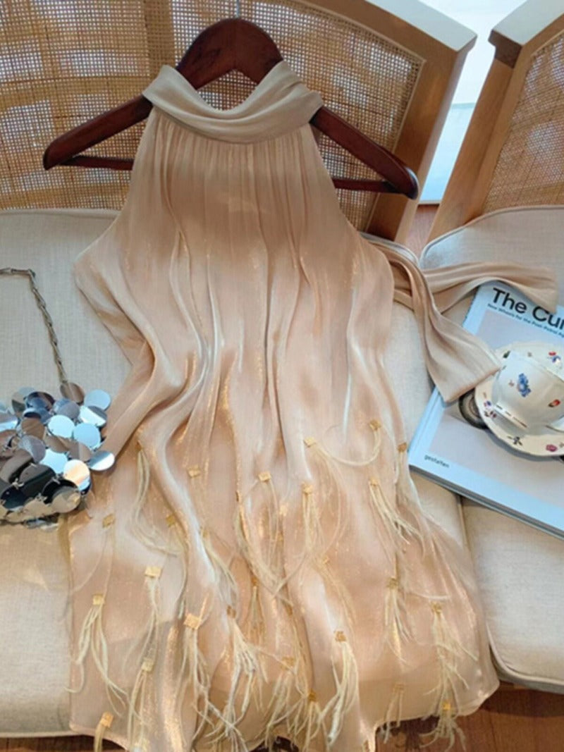 Champagne Halter Pleated Fringe A-Line Mini Dress Secondary image