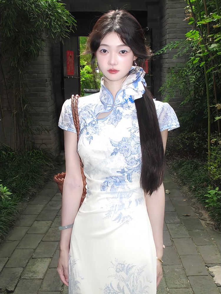 Blue Floral Mandarin Collar Short Sleeve Sheath Maxi Dress
