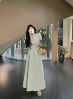 Round Neck Short Sleeve High Waist A-Line Maxi Dress