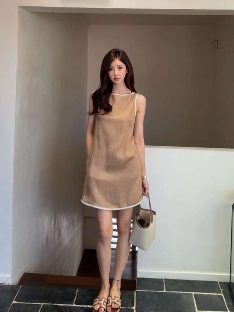 Khaki Sheer Trim Sleeveless Shift Midi Dress