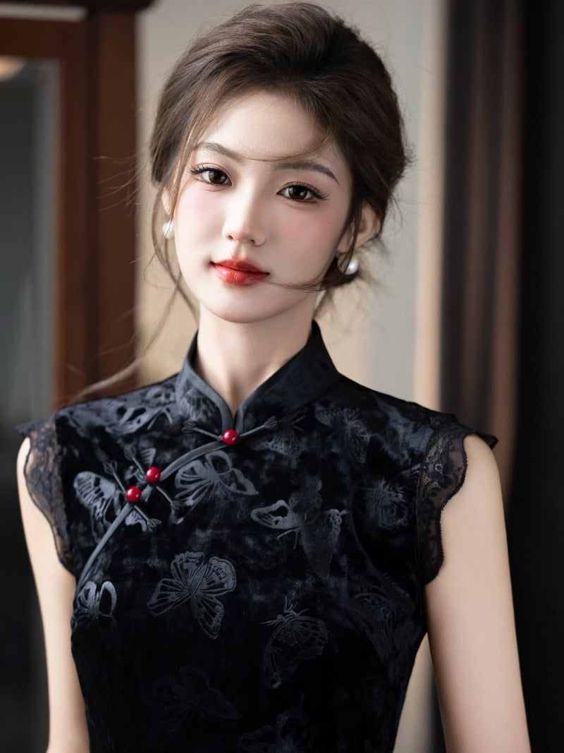 Vintage Black Velvet Mandarin Collar Side Slit Maxi Dress