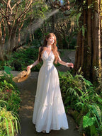 White Lace Trim Open Back V Neck A-Line Maxi Dress