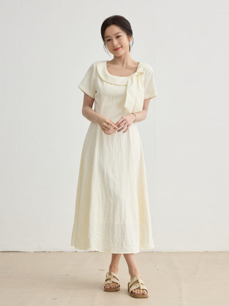 Ivory Soft Romance Bow Short Sleeve A-Line Midi Dress
